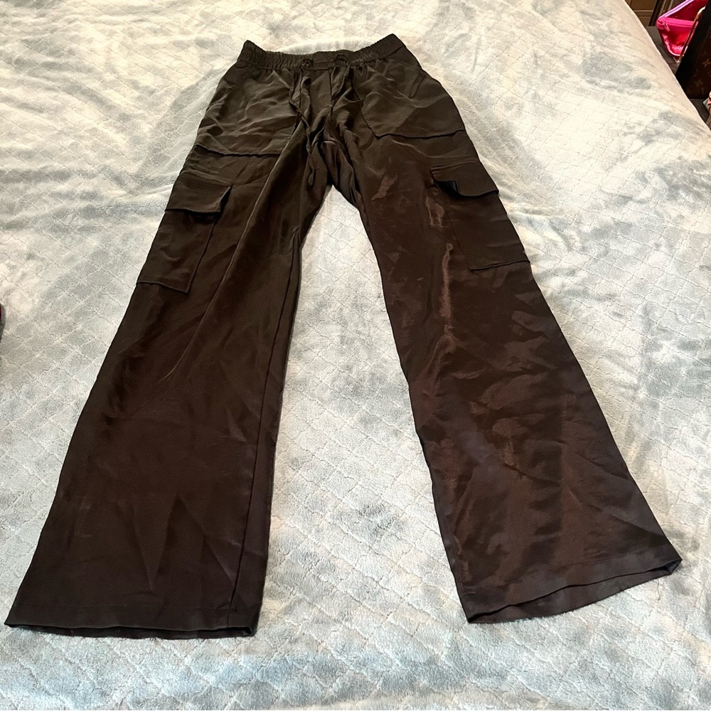 Zara‎ Black Satin Cargo Pants Wide Leg Elastic Waist XS